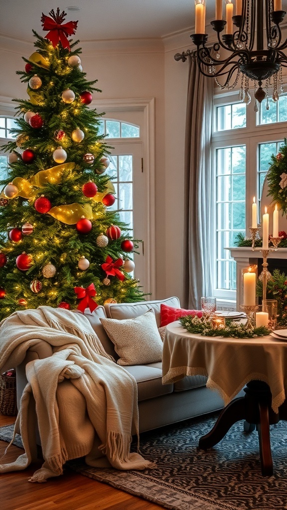 A cozy Christmas living room with a decorated tree, soft blankets, candles, and festive decor.